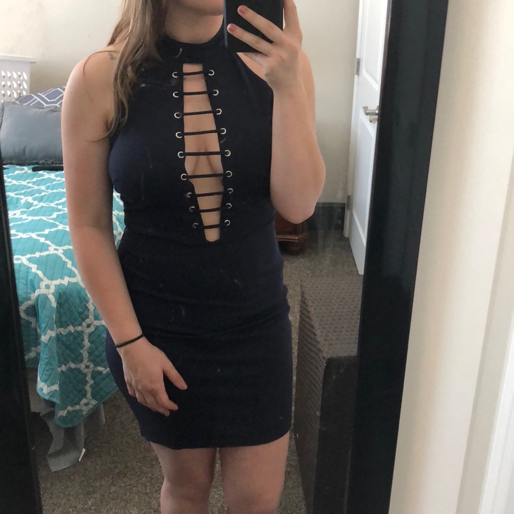Open front navy blue dress